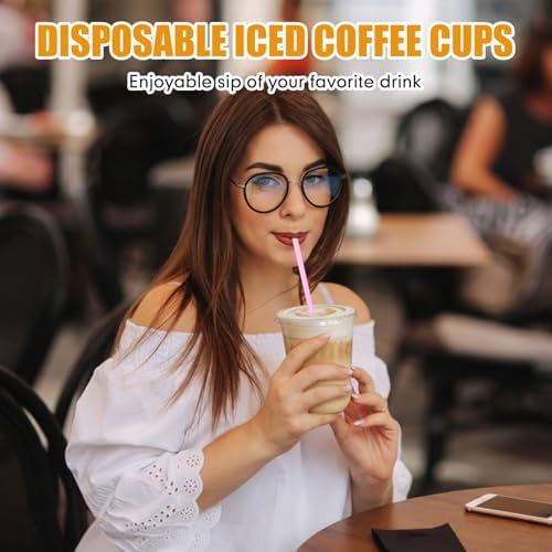 Ziliny 100 Pack 16 oz Plastic Cups with Lids Straws Iced Coffee, Pink