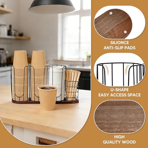 4-Compartment 18oz Coffee Cup Dispenser Rack with Wood Base