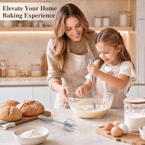 Stainless Steel Semi-automatic Egg Whisk, 2 Pack 7.9in & 11.8in Hand