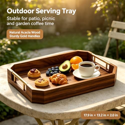 Wooden Serving Tray with Metal Handles, Acacia Wood Rectangular