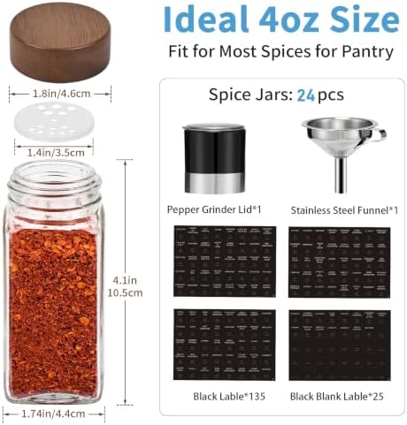 Yangbaga Glass Spice Jars with Labels, 24pcs 4oz Seasoning Organizer