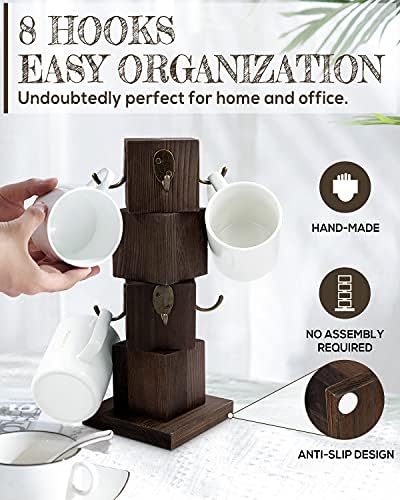 PUERSI Coffee Mug Holder for Counter, Rustic Solid Wood Mug Tree