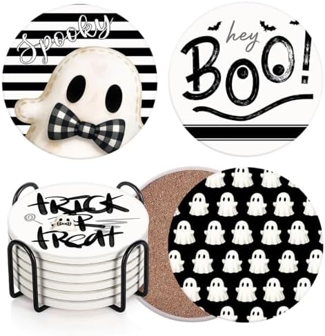 Halloween Coasters for Drinks, Set of 6, Ceramic Stone Cute