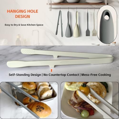 Silicone Spatula Tongs and Basting Brush Set, 3-Piece, White