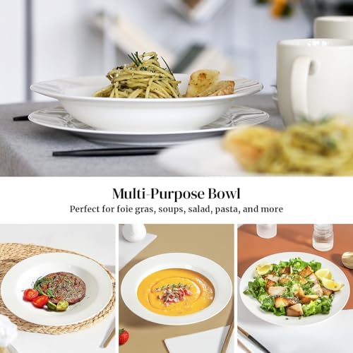 DOWAN Soup and Pasta Bowls Set of 4, White Porcelain Wide Rim Salad