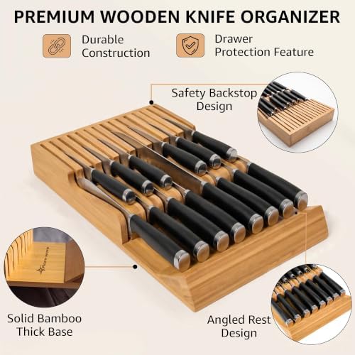 Flareware Bamboo Knife Drawer Organizer, 15-Slot
