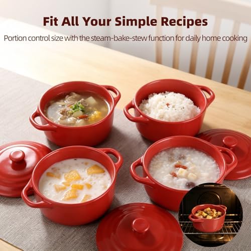 4 Pcs Red Ceramic Small Cocotte Set, 5.3 x 3.1 in Small Ramekins with
