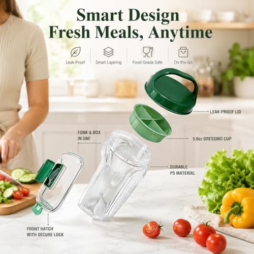 34 Oz(1L) Salad Jar with Side Opening, Salad Pod with Built-in Fork &