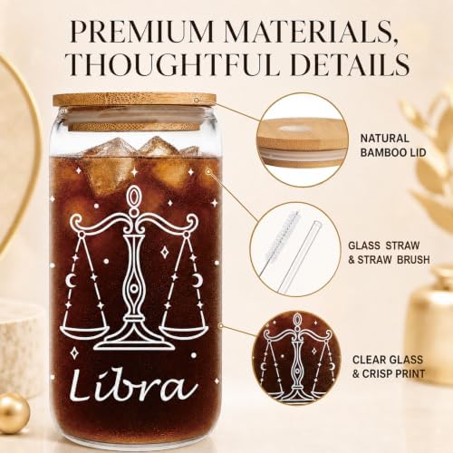 Libra Birthday Gifts for Women - 16oz Libra Sign Glass Tumbler with