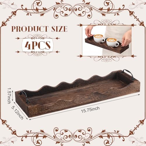 4 Pcs Scalloped Rustic Wooden Serving Trays with Handle, Brown