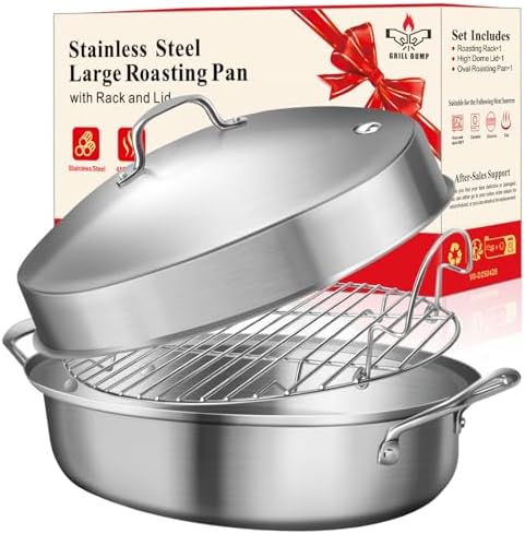 21 Inch Stainless Steel Roasting Pan with Rack and Lid For Turkey