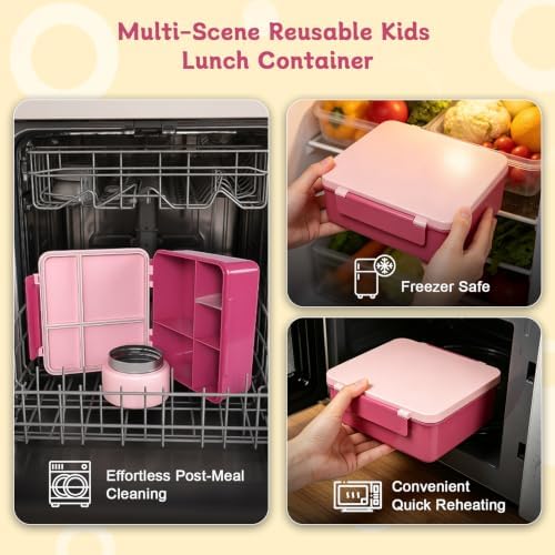 Kids Lunch Box 4 Compartment Bento with 8oz Food Jar,Pink