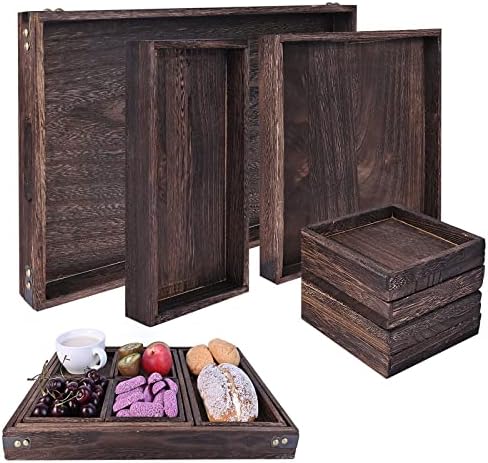 Wood Serving Tray with Handles, Set of 7 Rectangular Wooden Nesting