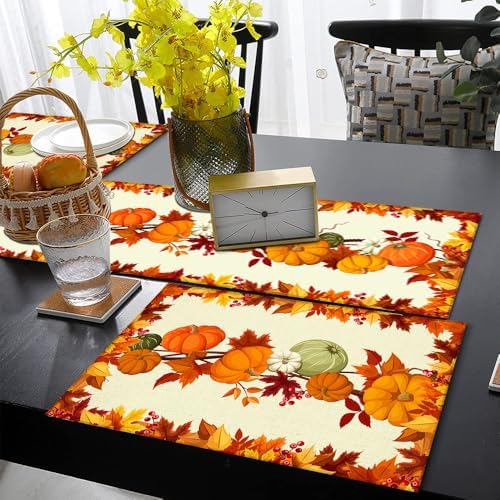 Fall Table Runner and Placemats Set, Orange Pumpkin and Leaf, 72 Inch