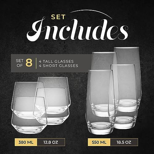 Kitchen Lux Drinking Glasses Set of 8 - Highball Tumbler & Rocks