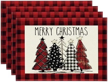 Artoid Mode Red and Black Buffalo Plaid Christmas Trees Placemats Set