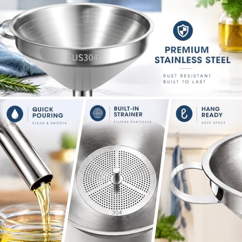 Stainless Steel Kitchen Funnel, 4.3-Inch Metal Funnel with Strainer