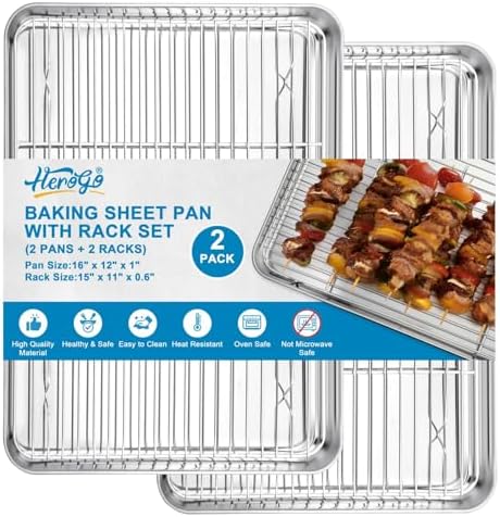 Herogo Baking Sheet with Wire Rack Set(2 Pans + 2 Racks), 16" x 12" x