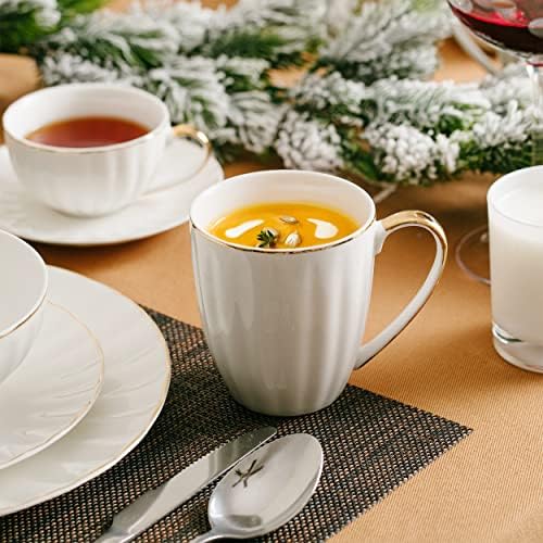 BTaT- White Porcelain Coffee Mug Set, 6 Pack, 12oz, Gold Trim Design