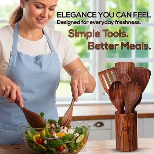 9 Pieces Natural Teak Wood Kitchen Utensil Set