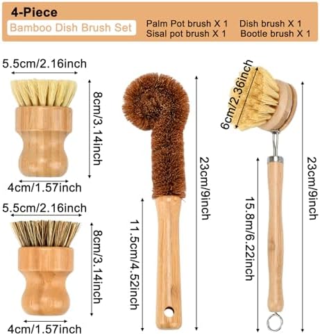 4 Piece Bamboo Dish Brush Set
