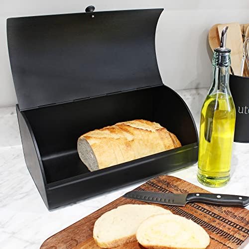 AuldHome Design Farmhouse Black Bread Box; Retro Vintage Style Enamel Countertop Bread Bin