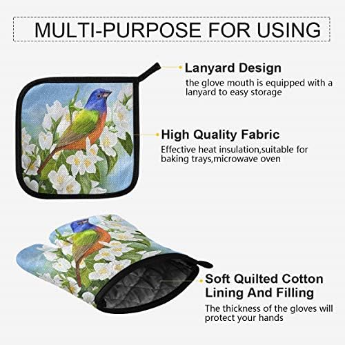 QMXO Large Bright Bird Flower Oven Mitts Quilted Cotton Lining