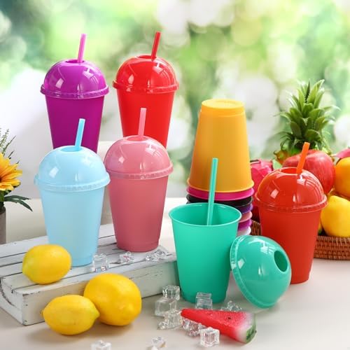 Hsei 24 Pack Glitter Plastic Cups with Dome Lids Straws 16 oz Reusable