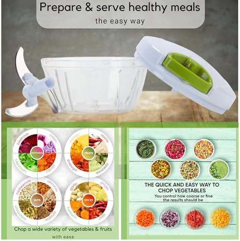 Brieftons Manual Food Chopper, Compact & Powerful Hand Pull Chopper Blender to Chop Onion, Garlic, Vegetables, Fruits, Herbs for Salsa, Salad, Pesto, Hummus, Coleslaw, Puree, Indian Cooking