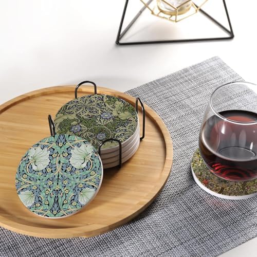 Drink Coasters for Drinks Set of 6, Vintage Art Nouveau Floral Pattern