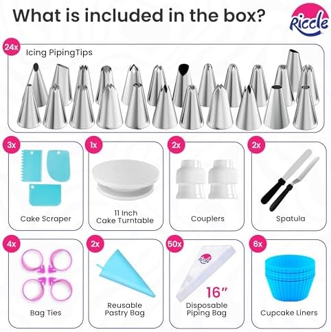 Riccle 94 pcs Cake Decorating Kit with Cake Turntable - Includes 50pcs