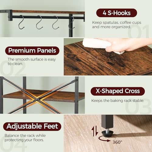 MAHANCRIS Bakers Rack with Drawer, 4 Tiers, Rustic Brown and Black