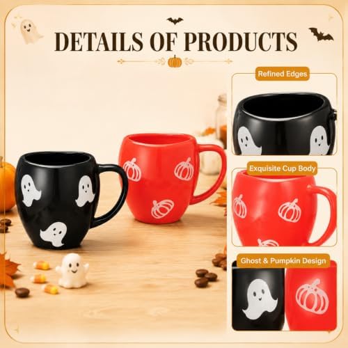 Newtay 2 Pack Ghost & Pumpkin Coffee Mugs, 13 oz Ceramic Cups for