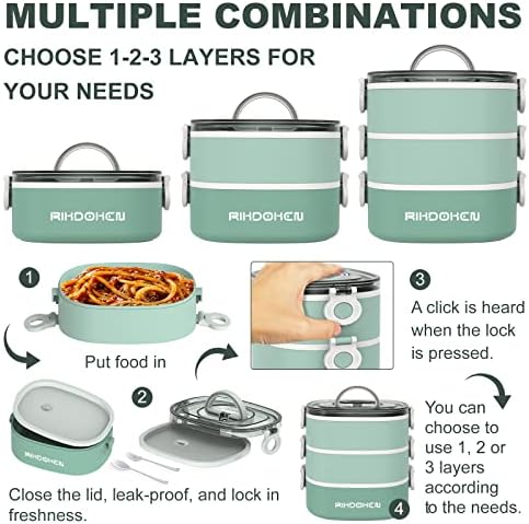 RIKDOKEN Lunch Box, Stackable 3 Layers Containers, Portable 94OZ Large