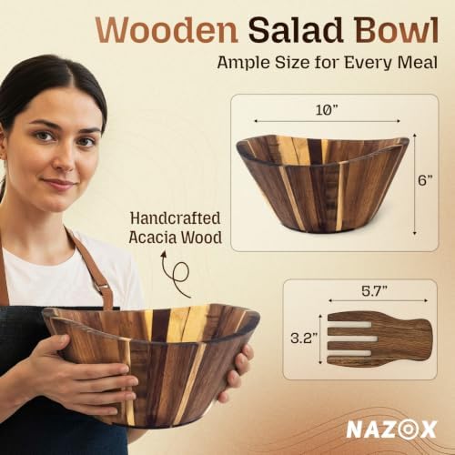 Acacia Wood Salad Bowl Set with Serving Hands, 10” Diameter, 6” Height