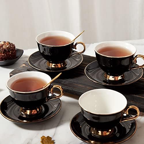 DUJUST Tea Cups and Saucers Set of 4 (7.4oz), Luxury Tea Cup Set with