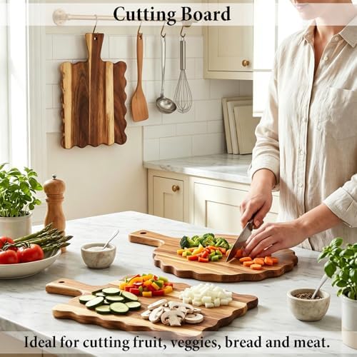 2Pcs Acacia Wood Scalloped Cutting Board with Handle for Kitchen Decor