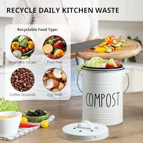 Kitchen Compost Bin, 1 Gallon Countertop Bin with Lid, White