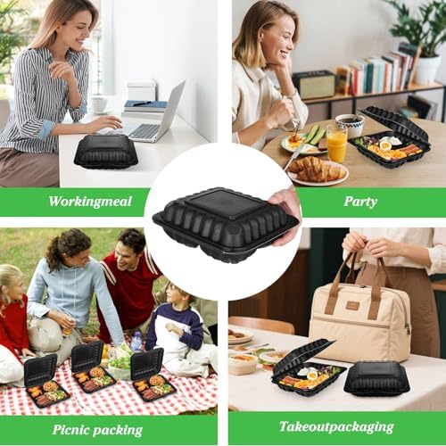 50Pack 8" X 8" 3-Compartment Clamshell To Go Food Containers With