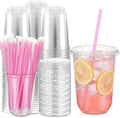 Ziliny 100 Pack 16 oz Plastic Cups with Lids Straws Iced Coffee, Pink