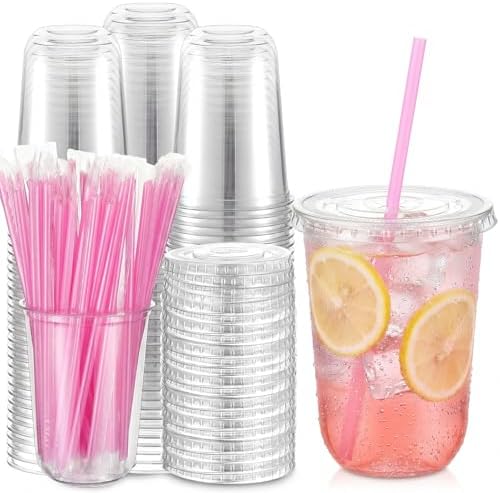 Ziliny 100 Pack 16 oz Plastic Cups with Lids Straws Iced Coffee, Pink