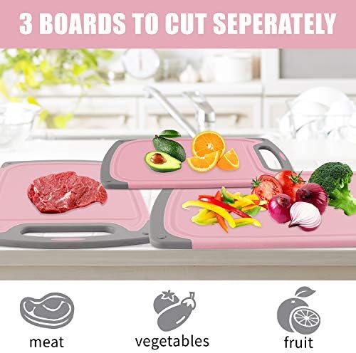 Cutting Boards for Kitchen, Plastic Chopping Board Set of 4 with Non-Slip Feet and Deep Drip Juice Groove, Easy Grip Handle, Dishwasher Safe, BPA Free, Non-porous(Pink/Gray)