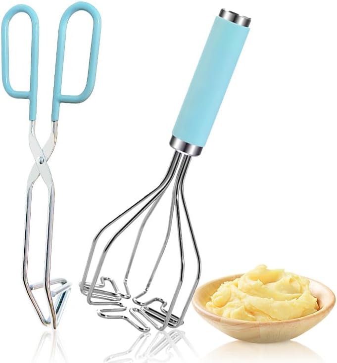 2in1 Potato Masher Kitchen Food Tongs Set - Heavy Duty Stainless Steel