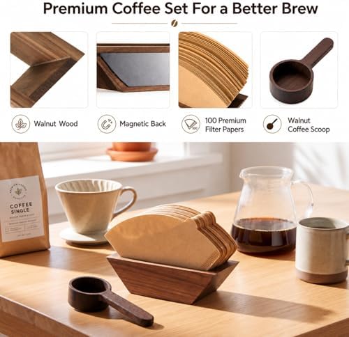 Magnetic Coffee Filter Holder Set, Walnut Wood Cone Coffee Filter
