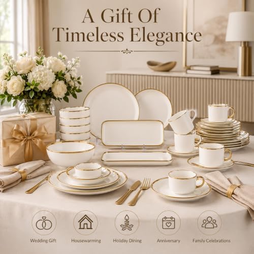 32-Piece Ceramic Dinnerware Set for 6, White Tableware Set with Gold