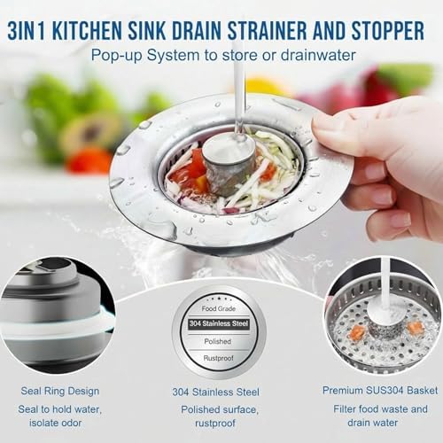 3-in-1 Kitchen Sink Stopper, Stainless Steel, Fits 3.5-Inch Drains