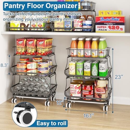 OKZEST 3-Tier Rolling Pantry Floor Organizers and Storage Cart with