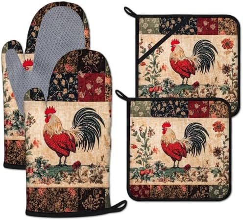 Rustic Rooster Oven Mitts and Pot Holders Set, 4 Pcs