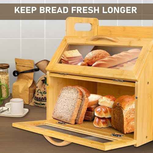 BAMBANG Bread Box for Kitchen Countertop, Extra Large Double Layer Bamboo Breadbox with Clear Window, Farmhouse Wooden Bread Storage Container for Homemade Bread, Knife & Cutting Board Holder, Natural
