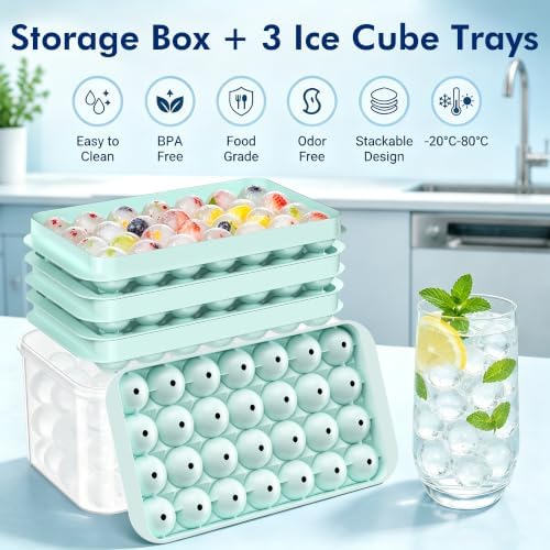 Ice Cube Tray with Lid and Bin - 3 Pack for 0.95 Inch Mini Ice Balls